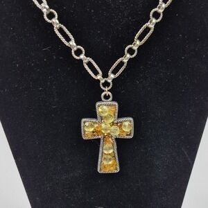 Vtg‎ Silver Tone Cross Necklace 17" Chain Religious Christian Green Amber Beads
